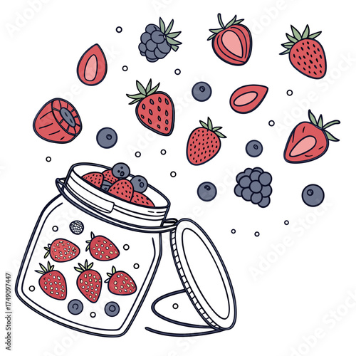 Hand drawn illustration of a jar with berries and other fruits