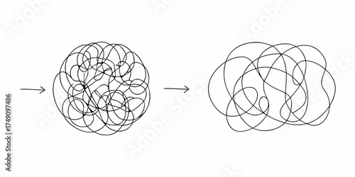 Visual representation of a complex problem becoming simpler or more organized over time