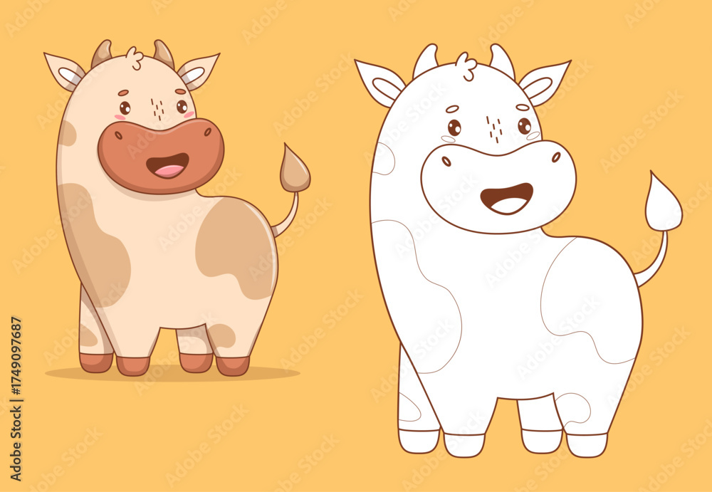 Obraz premium Cute Happy Cow set. Color and Outline Line drawing, coloring book Adorable Kawaii Animal. Isolated Vector illustration. Kids collection. Not AI