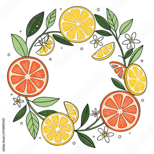 Citrus fruit wreath with leaves and flowers