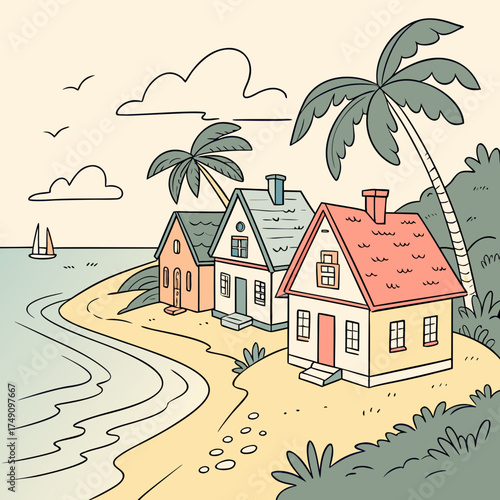 Charming beach houses with palm trees and ocean view on a sunny day