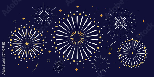 Festive white and gold fireworks explode against a dark blue night sky background with scattered stars