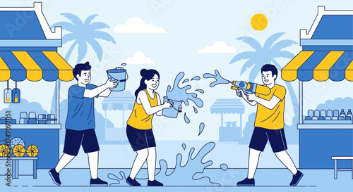 Joyful Songkran festival illustration featuring water splashing and festive atmosphere celebration