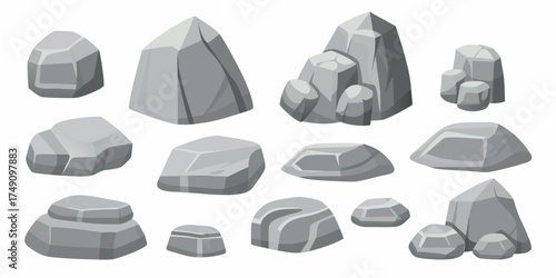 Collection of various gray cartoon rocks and stones in different shapes and sizes isolated on white background