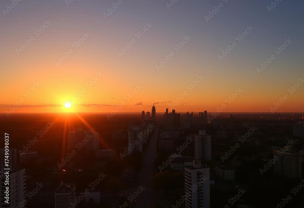 Naklejka premium Blazing orange sunset casts long shadows across a cityscape, horizon, metropolis