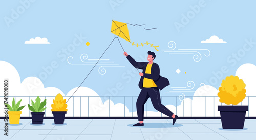 Man enjoys flying a kite on a rooftop terrace, embracing freedom and nature in an urban environment