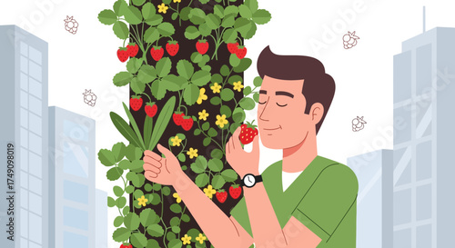 Man enjoys strawberry aroma from vertical garden in an urban setting offering sustainable