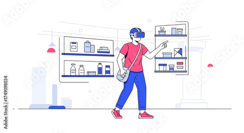 Man experiencing virtual reality shopping in a modern store with shelves display