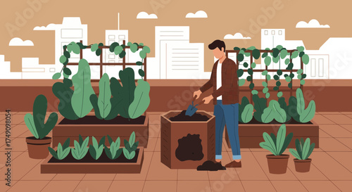 Man gardening on a rooftop with plants and a cityscape in the background illustration