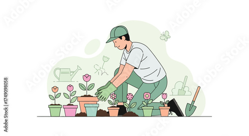 Man gardening flowering plants in pots, an illustration of a springtime activity and hobby