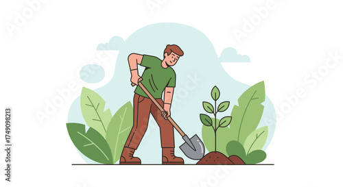 Man planting tree seedling with shovel, illustration of environmental conservation effort, nature