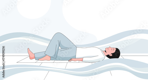 Man practicing restorative yoga pose for relaxation and wellness on mat indoor at home