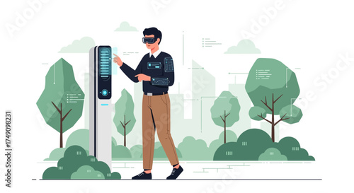 Man uses modern technology on a device in an outdoor environment of trees and cityscape, modern