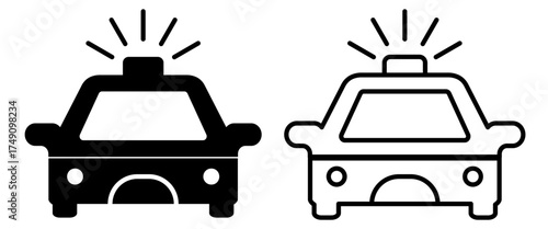 Solid and Outline Police Car Icons with Flashing Sirens for Emergency and Law Enforcement Themes