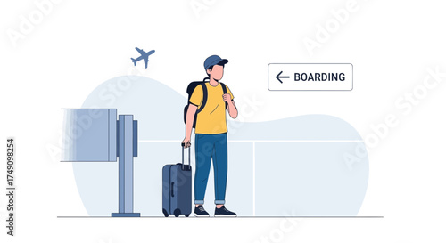 Man waits at the airport boarding gate with luggage ready for his flight and travel destination