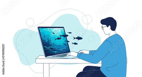 Man working on laptop with underwater scene, showcasing digital lifestyle and aquatic themes
