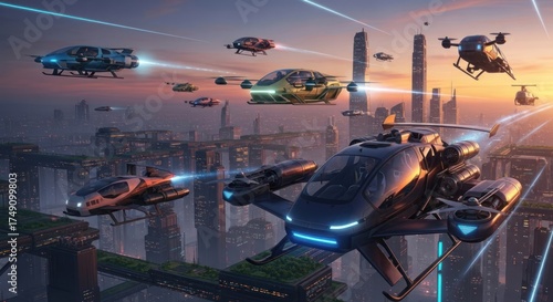 Futuristic metropolis with flying cars and advanced transportation system at sunset time