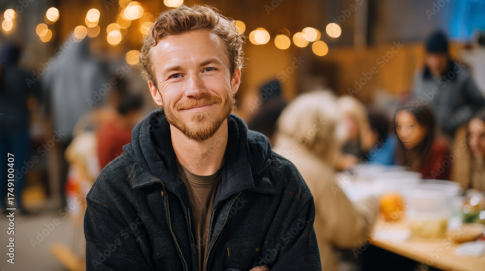 Fototapeta premium Positive homeless white man sitting at table in noisy cafeteria of homeless shelter, surrounded by other people, Christmas concept. As a result of winter's cold, harshness, warmth, holidays merge int