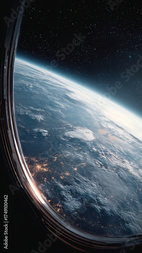 Earth horizon viewed from spacecraft window at night with city lights and stars glowing in space