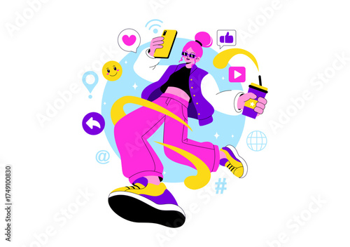 Gen Z Lifestyle Vector Illustration Featuring Growing Up with Internet and Digital Technology, Smartphones and Social Media in a Flat Style Background