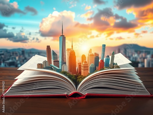 An open book magically reveals a vibrant cityscape with skyscrapers rising against a stunning sunset, symbolizing imagination and the power of storytelling for readers.