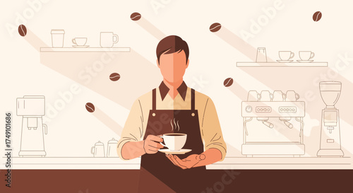 Minimalist barista illustration holding coffee cup in cafe with professional equipment