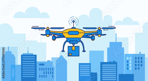 Modern drone delivery service concept with urban skyline background and simple vector illustration