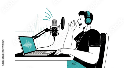 Podcast creator enthusiastically recording audio with professional microphone and laptop
