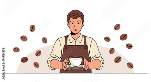 Professional barista presenting a cup of coffee surrounded by coffee beans illustration