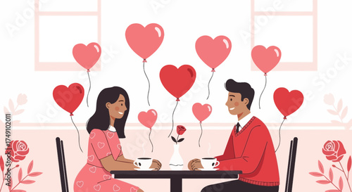 Romantic Valentine's Day date with a couple enjoying coffee surrounded by love heart balloons