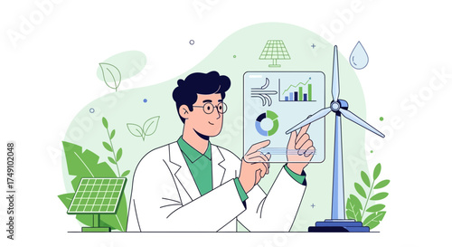 Scientist analyzing renewable energy sources like solar and wind power for sustainability