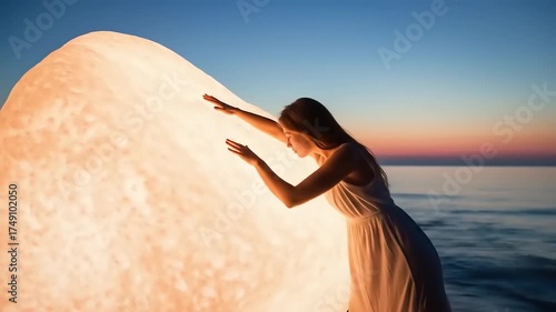 Woman Interacts with Glowing Orb at Sunset on the Beach.