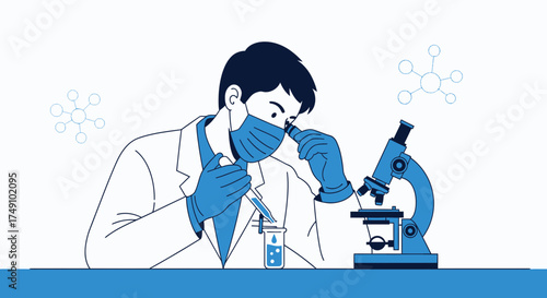 Scientist in lab coat analyzing samples through a microscope in a laboratory research setting