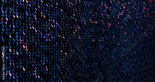Neon light sequins turn up in a random pattern. Side macro view of gorgeous waving pattern background. 3D rendering.