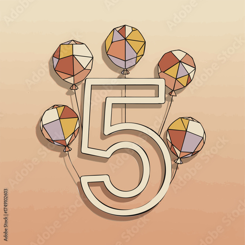 Minimalist illustration of number five decorated with geometric balloons in soft pastel tones