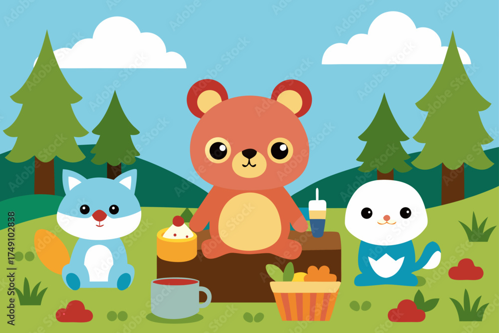 Naklejka premium cute animal picnic collage background