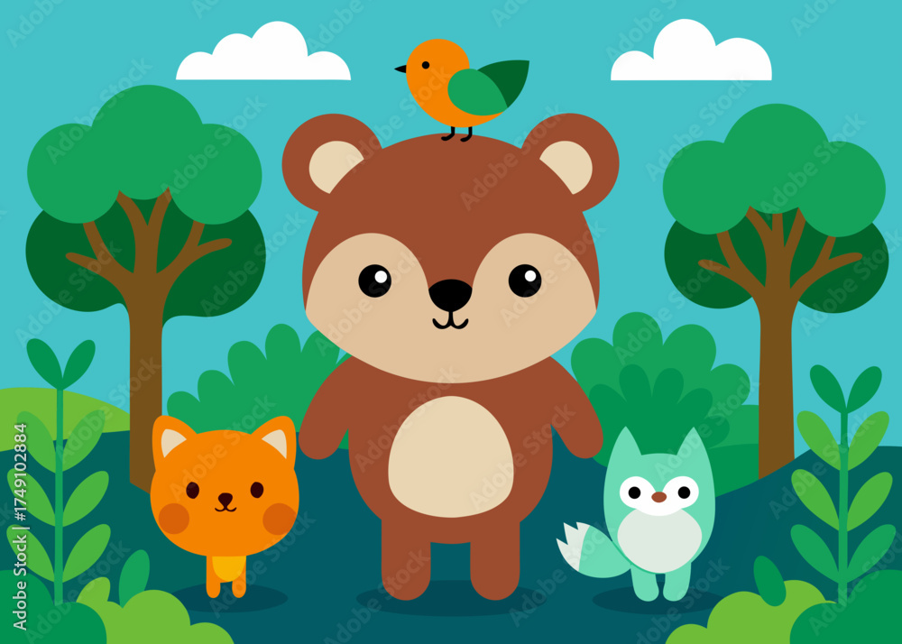 Naklejka premium cute cartoon animals forest collage