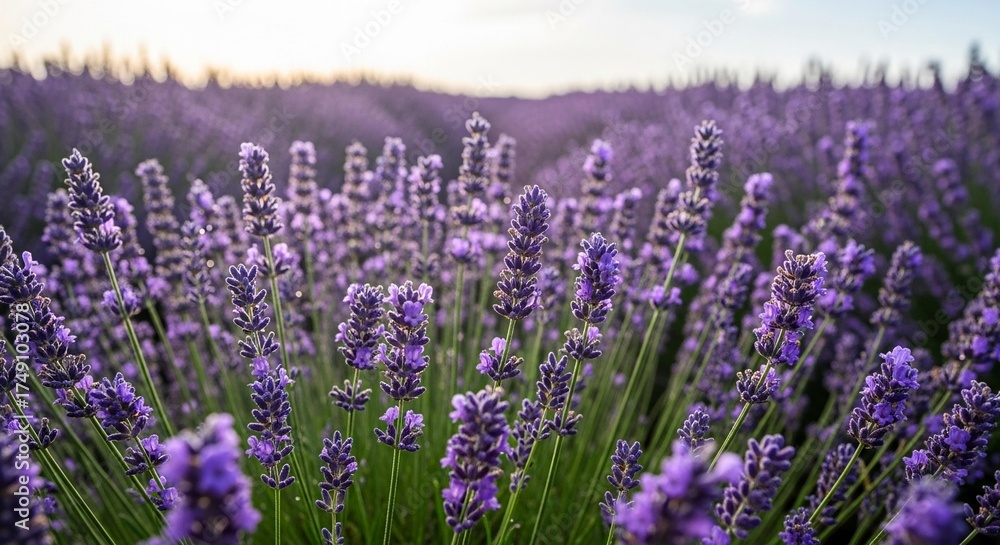 Fototapeta premium Close-up view of a vibrant lavender field, showcasing the purple flowers in full bloom under the sunlight.