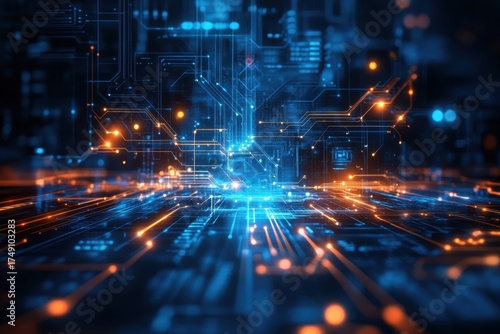 An abstract illustration of a glowing circuit board with blue and orange lights at night
