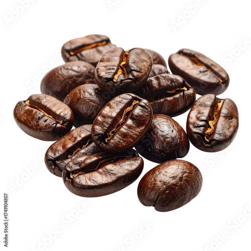 Close-up of roasted coffee beans, dark brown, ready for brewing