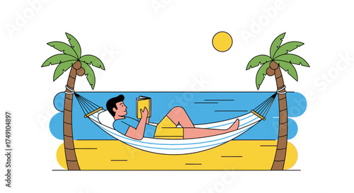 Serene Beach Getaway: A man enjoys a leisurely read in a hammock under palm trees