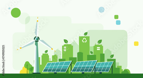 Sustainable city illustration with renewable energy resources and environmentally friendly design