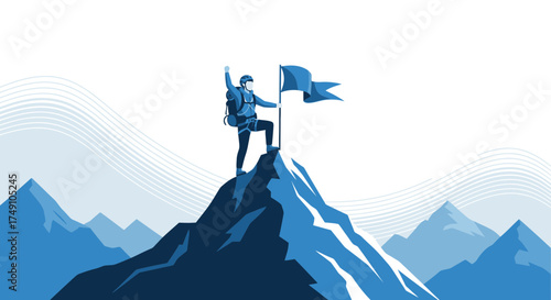 Vector illustration of a mountain climber on the summit holding a flag celebrating accomplishment