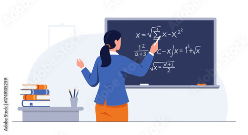 Vector illustration of a math teacher explaining equations on a chalkboard in class