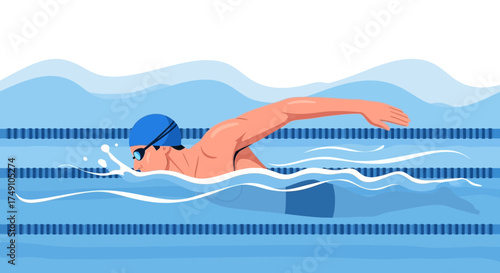 Vector illustration of a swimmer performing the crawl stroke in a swimming pool showcasing aquatic