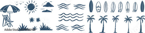 Grunge Style Large Set of Beach and Ocean Elements in Blue