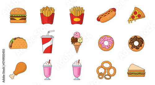 Assortment of Colorful Fast Food Icons on White Background.