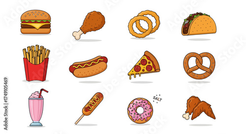 Assortment of Colorful Fast Food Illustrations on White Background.