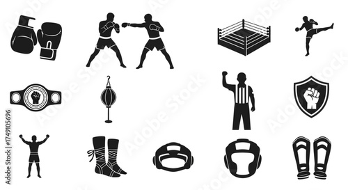 Boxing Icons - Fighters, Ring, Gear, and Referee Silhouettes.
