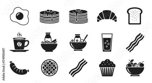 Breakfast Food Icons - A Delicious Morning Spread in Black and White.
